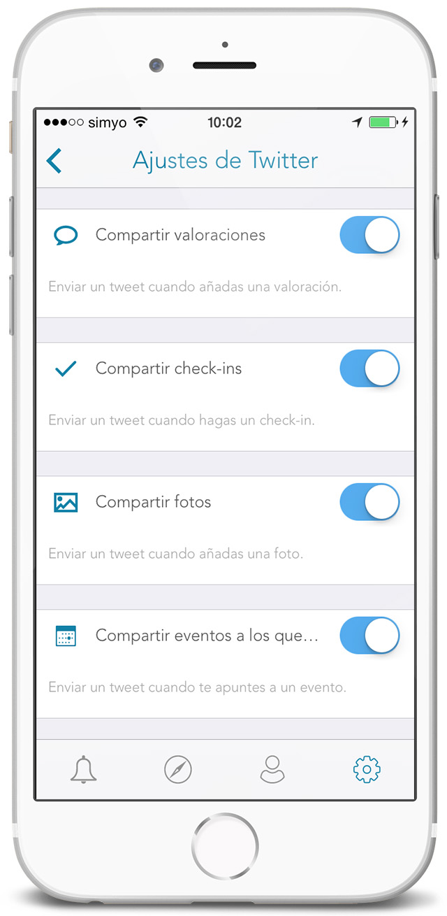 Screenshot de app móvil SmartPromo - Pantalla de ajustes de redes sociales enlazadas (Twitter, Facebook...)