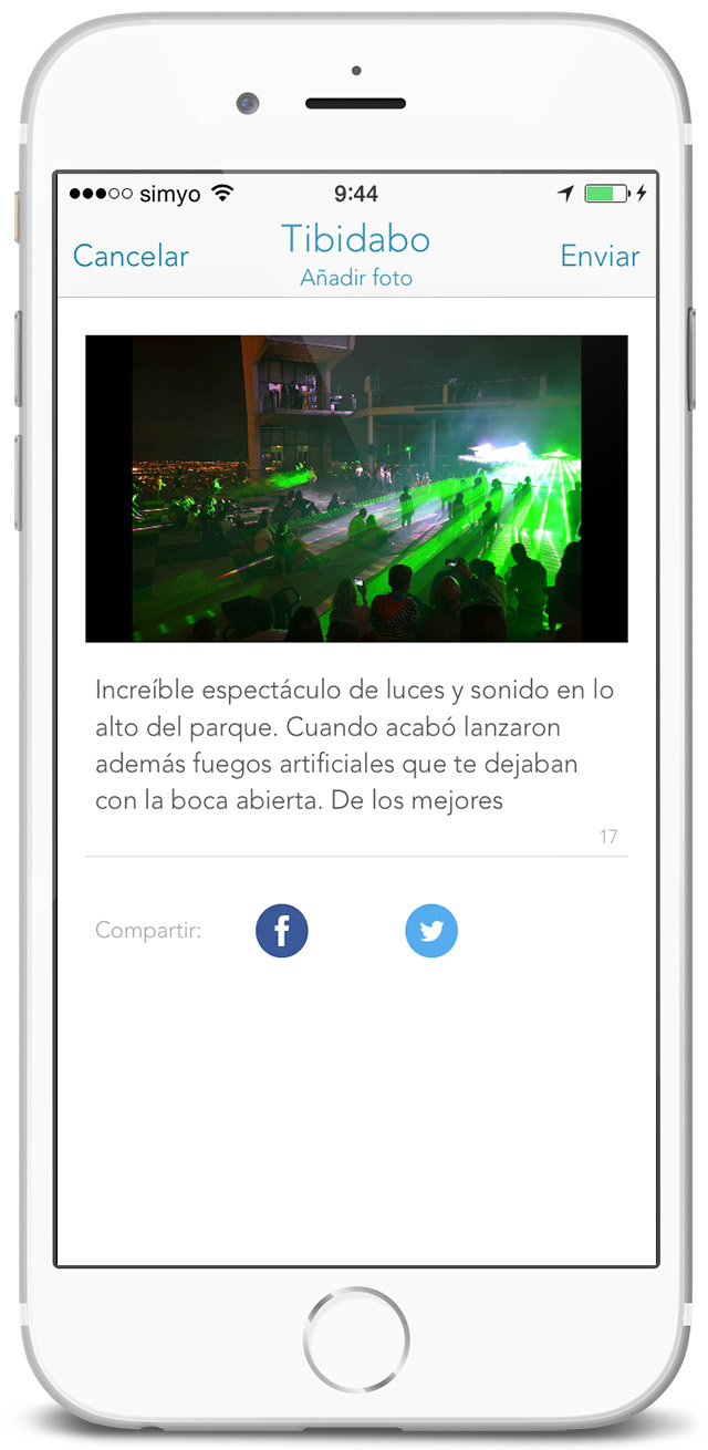 Screenshot de app móvil SmartPromo - Pantalla de añadir foto de un negocio, y compartir en redes sociales (Twitter, Facebook...)