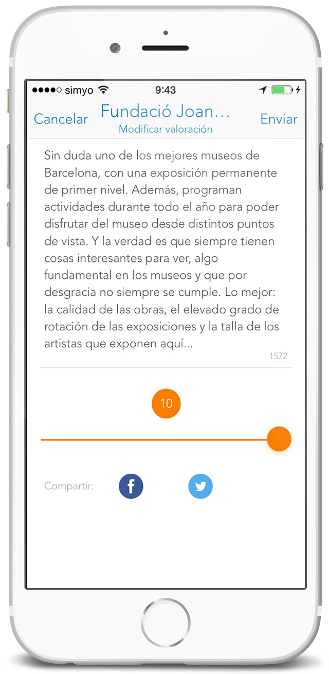 Screenshot de app móvil SmartPromo - Pantalla de añadir o editar valoración de un negocio, y compartir en redes sociales (Twitter, Facebook...)