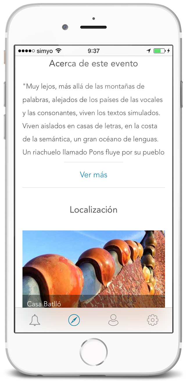 Screenshot de app móvil SmartPromo - Pantalla de descripción y localización de un evento