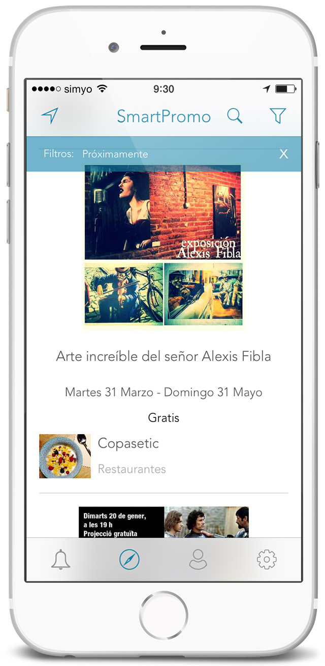 Screenshot de app móvil SmartPromo - Pantalla de lista de eventos destacados