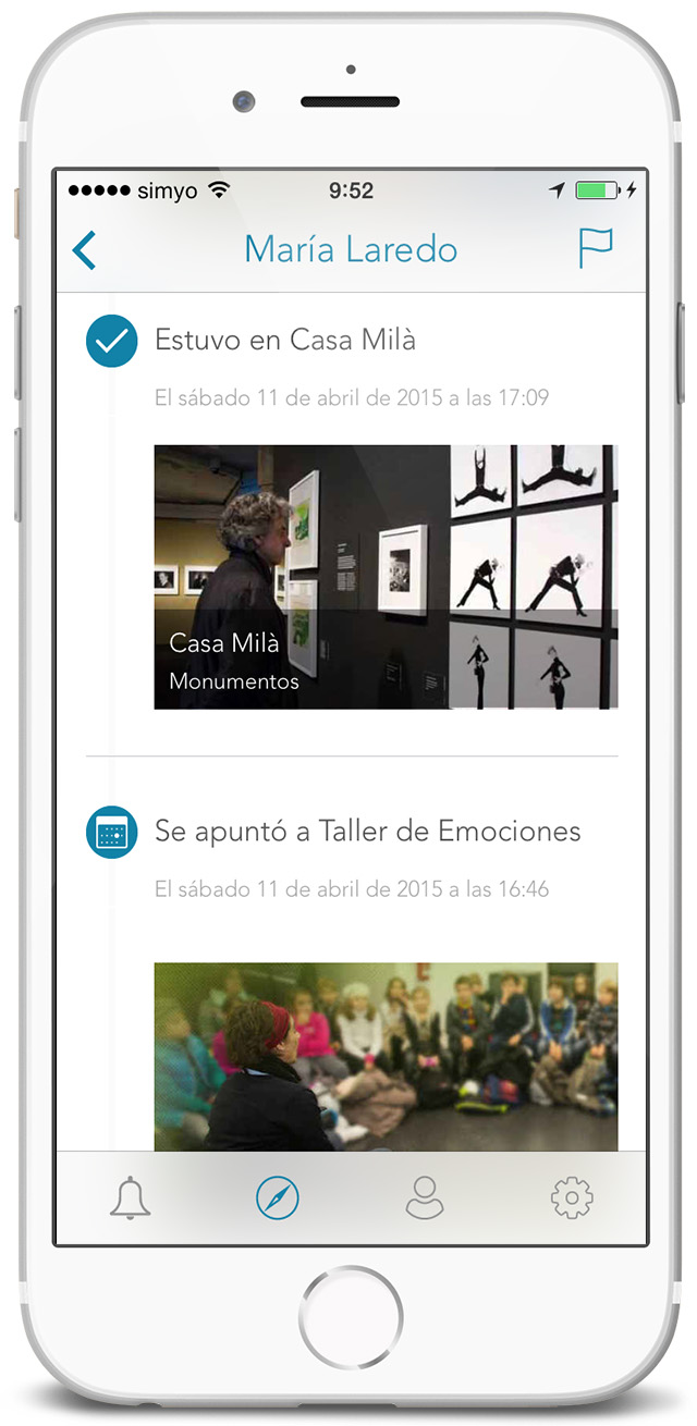 Screenshot de app móvil SmartPromo - Pantalla de timeline de actividad de un usuario (valoraciones, check-ins, fotos, Me gusta, eventos...)