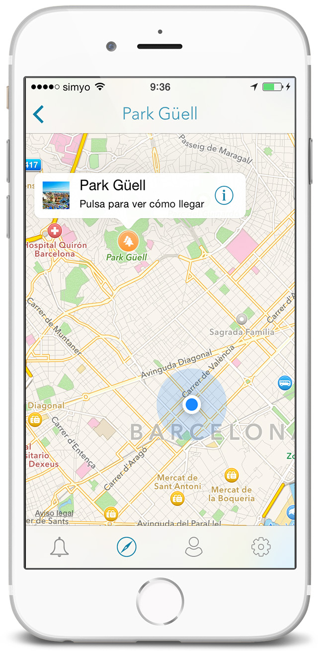 Screenshot de app móvil SmartPromo - Pantalla de mapa con la localización de un negocio y obtener indicaciones de ruta