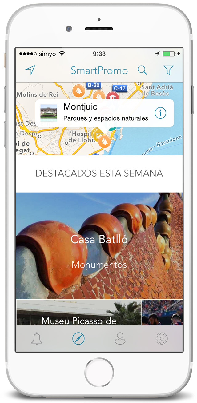 Screenshot de app móvil SmartPromo - Pantalla de mapa y lista de negocios destacados