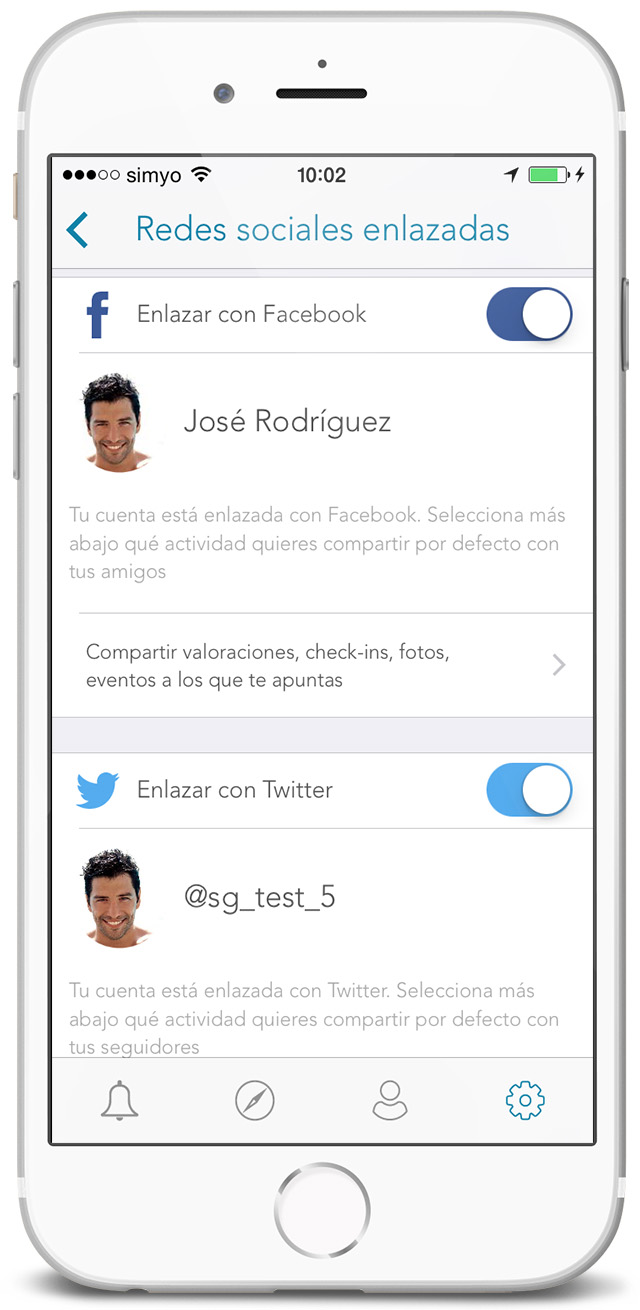 Screenshot de app móvil SmartPromo - Pantalla de redes sociales enlazadas (Twitter, Facebook...)