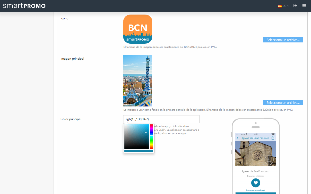 Screenshot de CMS SmartPromo - Pantalla de personalización de la app móvil (icono, color principal...)